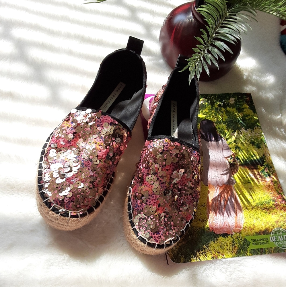 Zara Sequin Espadrilles Shoes Pink New